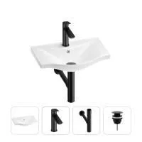 Раковина для ванной Wellsee Bisou 201003372 в наборе 4 в 1: раковина белого глянцевого цвета, смеситель, сифон, донный клапан (цвет набора матовый черный)