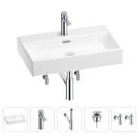 Раковина для ванной Wellsee Graceful Pro 201004661 в наборе 5 в 1: раковина белого глянцевого цвета, смеситель, сифон, донный клапан, угловые вентили (цвет набора хром)