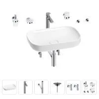 Раковина для ванной Wellsee Croquis 201005686 в наборе 9 в 1: раковина белого глянцевого цвета, высокий смеситель, сифон, выпуск, угловые вентили, аксессуары (цвет хром)