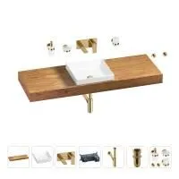 Раковина 40 см со столешницей 140 см Wellsee Doux 201009443 в наборе 9 в 1: столешница, раковина, встраиваемый смеситель, сифон, донный клапан, аксессуары (цвет набора золото)