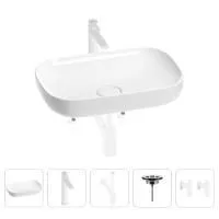 Раковина для ванной Wellsee Croquis 201003970 в наборе 5 в 1: раковина белого глянцевого цвета, высокий смеситель, сифон, выпуск, угловые вентили (цвет набора матовый белый)
