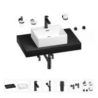 Раковина 43 см со столешницей 80 см Wellsee Graceful Pro 201012202 в наборе 10 в 1: столешница, раковина, смеситель, сифон, донный клапан, угловые вентили, аксессуары (цвет матовый черный)