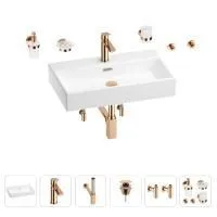 Раковина для ванной Wellsee Graceful Pro 201006714 в наборе 9 в 1: раковина белого глянцевого цвета, смеситель, сифон, донный клапан, угловые вентили, аксессуары (цвет набора розовое золото)