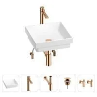 Раковина для ванной Wellsee Doux 201004159 в наборе 5 в 1: раковина белого глянцевого цвета, высокий смеситель, сифон, донный клапан, угловые вентили (цвет набора розовое золото)