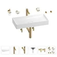 Раковина для ванной Wellsee Pure BY Wellsee 201006498 в наборе 9 в 1: раковина белого глянцевого цвета, высокий смеситель, сифон, выпуск, угловые вентили, аксессуары (цвет золото)