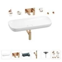 Раковина для ванной Wellsee Croquis 201005799 в наборе 8 в 1: раковина белого глянцевого цвета, встраиваемый смеситель, сифон, выпуск, аксессуары (цвет набора розовое золото)