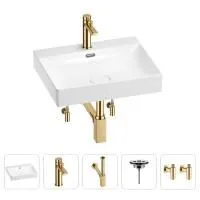Раковина для ванной Wellsee DeSire 201005493 в наборе 5 в 1: раковина белого глянцевого цвета, смеситель, сифон, выпуск, угловые вентили (цвет набора золото)