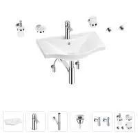 Раковина для ванной Wellsee Bisou 201007236 в наборе 9 в 1: раковина белого глянцевого цвета, смеситель, сифон, донный клапан, угловые вентили, аксессуары (цвет набора хром)