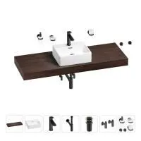 Раковина 43 см со столешницей 140 см Wellsee Graceful Pro 201012362 в наборе 10 в 1: столешница, раковина, смеситель, сифон, донный клапан, угловые вентили, аксессуары (цвет матовый черный)