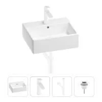 Раковина для ванной Wellsee Graceful Pro 201002935 в наборе 4 в 1: раковина белого глянцевого цвета, смеситель, сифон, донный клапан (цвет набора матовый белый)