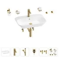 Раковина для ванной Wellsee Eclatant 201007488 в наборе 9 в 1: раковина белого глянцевого цвета, смеситель, сифон, донный клапан, угловые вентили, аксессуары (цвет набора золото)