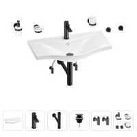 Раковина для ванной Wellsee Bisou 201007427 в наборе 9 в 1: раковина белого глянцевого цвета, смеситель, сифон, донный клапан, угловые вентили, аксессуары (цвет набора матовый черный)
