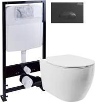 Комплект Унитаз подвесной STWORKI Муле HDC510NWH с микролифтом, безободковый + Инсталляция EWRIKA ProLT 0026-2020 + Кнопка 0054 черная матовая