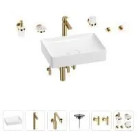 Раковина для ванной Wellsee Pure BY Wellsee 201006433 в наборе 9 в 1: раковина белого глянцевого цвета, высокий смеситель, сифон, выпуск, угловые вентили, аксессуары (цвет золото)