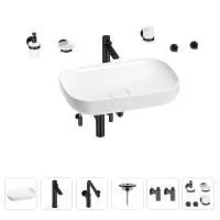 Раковина для ванной Wellsee Croquis 201005712 в наборе 9 в 1: раковина белого глянцевого цвета, высокий смеситель, сифон, выпуск, угловые вентили, аксессуары (цвет матовый черный)