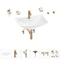 Раковина для ванной Wellsee Cerulean 201006789 в наборе 9 в 1: раковина белого глянцевого цвета, смеситель, сифон, выпуск, угловые вентили, аксессуары (цвет набора розовое золото)