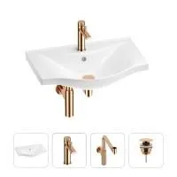 Раковина для ванной Wellsee Bisou 201003549 в наборе 4 в 1: раковина белого глянцевого цвета, смеситель, сифон, донный клапан (цвет набора розовое золото)