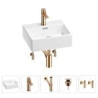 Раковина для ванной Wellsee Graceful Pro 201004534 в наборе 5 в 1: раковина белого глянцевого цвета, смеситель, сифон, донный клапан, угловые вентили (цвет набора розовое золото)