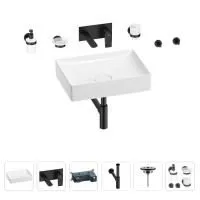 Раковина для ванной Wellsee Pure BY Wellsee 201006422 в наборе 8 в 1: раковина белого глянцевого цвета, встраиваемый смеситель, сифон, выпуск, аксессуары (цвет набора матовый черный)