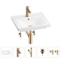 Раковина для ванной Wellsee FreeDom 201004809 в наборе 5 в 1: раковина белого глянцевого цвета, смеситель, сифон, донный клапан, угловые вентили (цвет набора розовое золото)