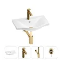 Раковина для ванной Wellsee Bisou 201003413 в наборе 4 в 1: раковина белого глянцевого цвета, смеситель, сифон, донный клапан (цвет набора золото)