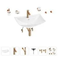 Раковина для ванной Wellsee Cerulean 201006754 в наборе 9 в 1: раковина белого глянцевого цвета, смеситель, сифон, выпуск, угловые вентили, аксессуары (цвет набора розовое золото)