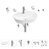 Раковина для ванной Wellsee Calin 201005601 в наборе 9 в 1: раковина белого глянцевого цвета, смеситель, сифон, донный клапан, угловые вентили, аксессуары (цвет набора хром)