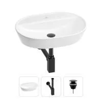 Раковина для ванной Wellsee Calin 201000982 в наборе 3 в 1: овальная раковина белого глянцевого цвета, сифон, донный клапан в цвете матовый черный