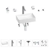 Раковина для ванной Wellsee Pure BY Wellsee 201006291 в наборе 9 в 1: раковина белого глянцевого цвета, высокий смеситель, сифон, выпуск, угловые вентили, аксессуары (цвет хром)