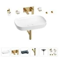 Раковина для ванной Wellsee Croquis 201005678 в наборе 8 в 1: раковина белого глянцевого цвета, встраиваемый смеситель, сифон, выпуск, аксессуары (цвет набора золото)