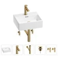 Раковина для ванной Wellsee Graceful Pro 201004548 в наборе 5 в 1: раковина белого глянцевого цвета, смеситель, сифон, донный клапан, угловые вентили (цвет набора золото)