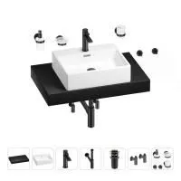 Раковина 50 см со столешницей 80 см Wellsee Graceful Pro 201012447 в наборе 10 в 1: столешница, раковина, смеситель, сифон, донный клапан, угловые вентили, аксессуары (цвет матовый черный)