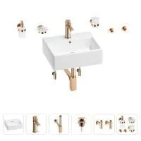 Раковина для ванной Wellsee Graceful Pro 201006669 в наборе 9 в 1: раковина белого глянцевого цвета, смеситель, сифон, донный клапан, угловые вентили, аксессуары (цвет набора розовое золото)