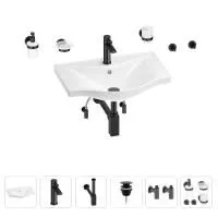 Раковина для ванной Wellsee Bisou 201007267 в наборе 9 в 1: раковина белого глянцевого цвета, смеситель, сифон, донный клапан, угловые вентили, аксессуары (цвет набора матовый черный)