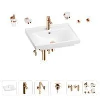 Раковина для ванной Wellsee FreeDom 201006999 в наборе 9 в 1: раковина белого глянцевого цвета, смеситель, сифон, донный клапан, угловые вентили, аксессуары (цвет набора розовое золото)