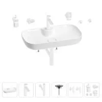 Раковина для ванной Wellsee Croquis 2.0 201005900 в наборе 9 в 1: раковина белого глянцевого цвета, смеситель, сифон, выпуск, угловые вентили, аксессуары (цвет набора матовый белый)