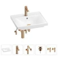 Раковина для ванной Wellsee FreeDom 201004824 в наборе 5 в 1: раковина белого глянцевого цвета, смеситель, сифон, донный клапан, угловые вентили (цвет набора розовое золото)