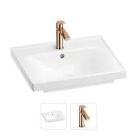 Раковина для ванной Wellsee FreeDom 201000839 в наборе 2 в 1: прямоугольная раковина белого глянцевого цвета, смеситель в цвете розовое золото