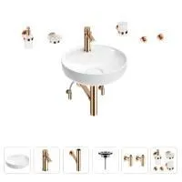 Раковина для ванной Wellsee Chalice Perfection 201006254 в наборе 9 в 1: раковина белого глянцевого цвета, смеситель, сифон, выпуск, угловые вентили, аксессуары (цвет набора розовое золото)