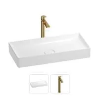 Раковина для ванной Wellsee Pure BY Wellsee 201000738 в наборе 2 в 1: прямоугольная раковина белого глянцевого цвета, высокий смеситель в цвете золото