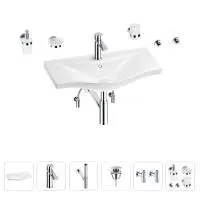 Раковина для ванной Wellsee Bisou 201007381 в наборе 9 в 1: раковина белого глянцевого цвета, смеситель, сифон, донный клапан, угловые вентили, аксессуары (цвет набора хром)