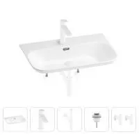 Раковина для ванной Wellsee Eclatant 2.0 201005460 в наборе 5 в 1: раковина белого глянцевого цвета, смеситель, сифон, донный клапан, угловые вентили (цвет набора матовый белый)