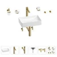 Раковина для ванной Wellsee Pure BY Wellsee 201006308 в наборе 9 в 1: раковина белого глянцевого цвета, высокий смеситель, сифон, выпуск, угловые вентили, аксессуары (цвет золото)