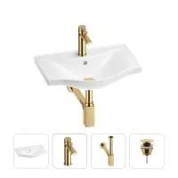 Раковина для ванной Wellsee Bisou 201003418 в наборе 4 в 1: раковина белого глянцевого цвета, смеситель, сифон, донный клапан (цвет набора золото)