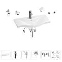 Раковина для ванной Wellsee Bisou 201007356 в наборе 9 в 1: раковина белого глянцевого цвета, смеситель, сифон, донный клапан, угловые вентили, аксессуары (цвет набора хром)