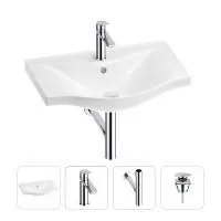 Раковина для ванной Wellsee Bisou 201003571 в наборе 4 в 1: раковина белого глянцевого цвета, смеситель, сифон, донный клапан (цвет набора хром)