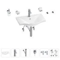 Раковина для ванной Wellsee Bisou 201007226 в наборе 9 в 1: раковина белого глянцевого цвета, смеситель, сифон, донный клапан, угловые вентили, аксессуары (цвет набора хром)