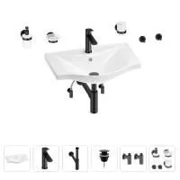 Раковина для ванной Wellsee Bisou 201007282 в наборе 9 в 1: раковина белого глянцевого цвета, смеситель, сифон, донный клапан, угловые вентили, аксессуары (цвет набора матовый черный)