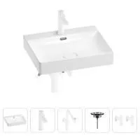 Раковина для ванной Wellsee DeSire 201005525 в наборе 5 в 1: раковина белого глянцевого цвета, смеситель, сифон, выпуск, угловые вентили (цвет набора матовый белый)