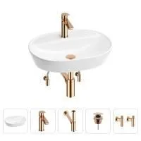 Раковина для ванной Wellsee Calin 201003904 в наборе 5 в 1: раковина белого глянцевого цвета, смеситель, сифон, донный клапан, угловые вентили (цвет набора розовое золото)